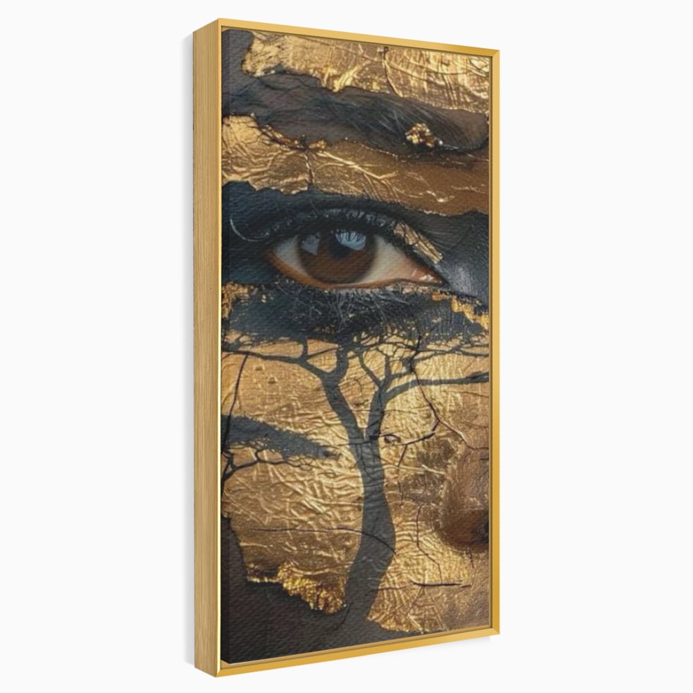 Tablou canvas cu tablou canvas cu ochi uman si arbore, in rama de aluminiu auriu